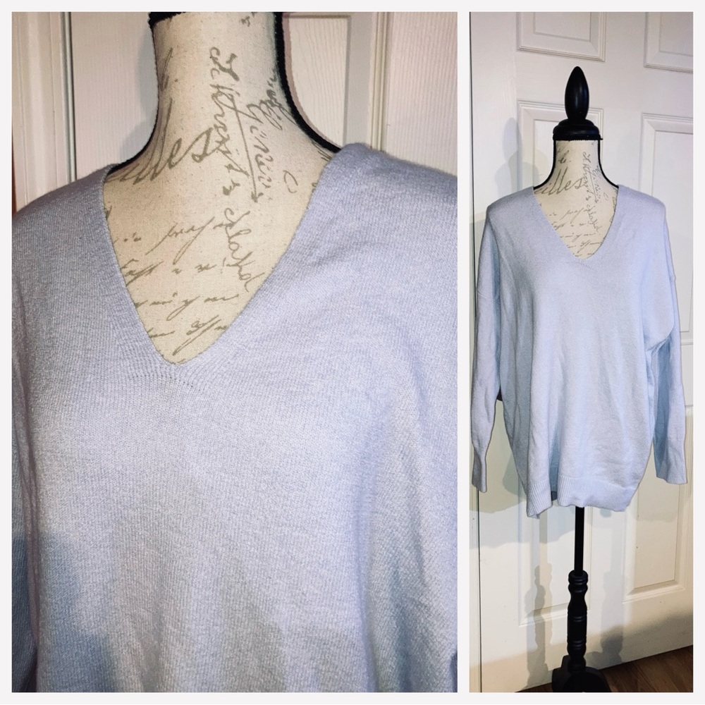 NWT Loft V Neck Oversized Knit Sweater Cotton Wool Blend Light Blue sz Large
